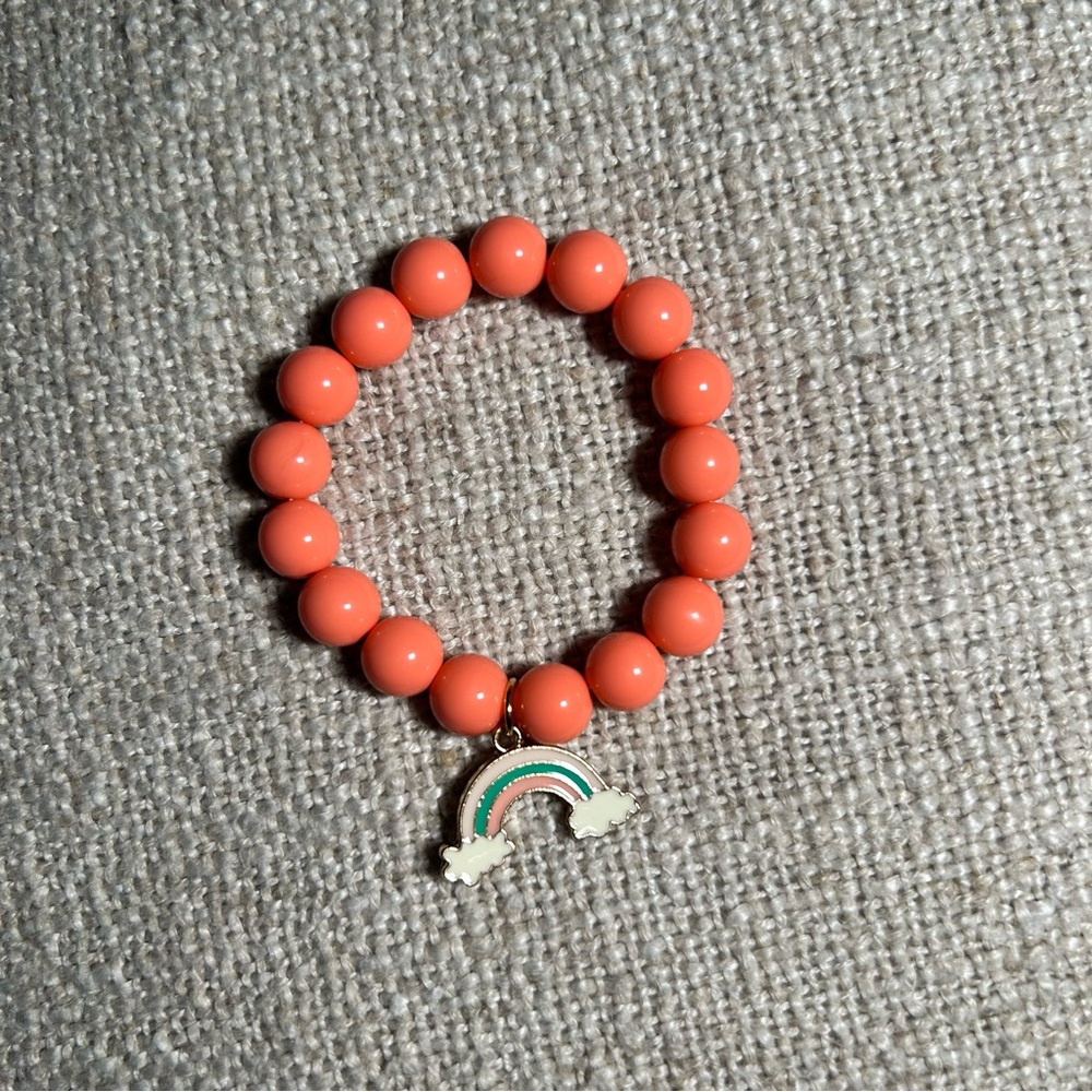 Coral Beaded Bracelet with Rainbow Charm